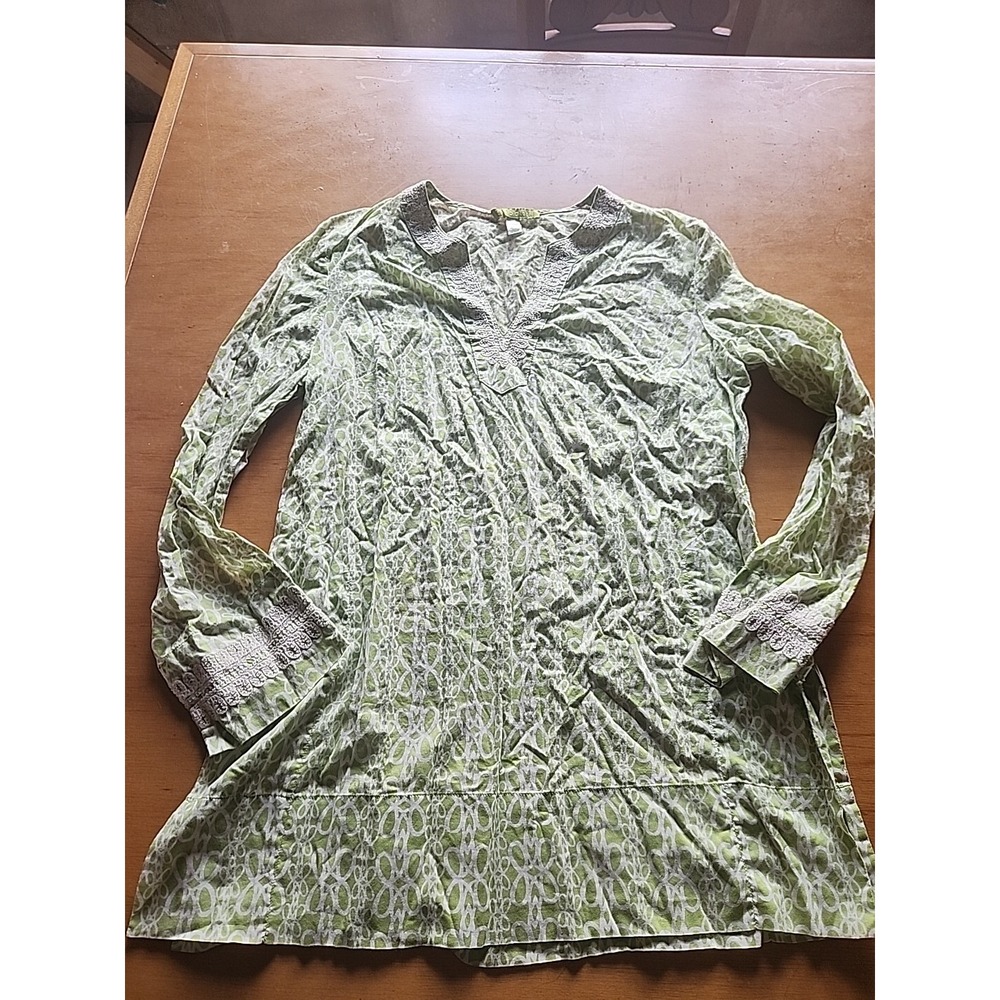 Sigrid Olsen Women S Tunic Top Green White‎ Embroidered 3/4 Sleeve V Neck